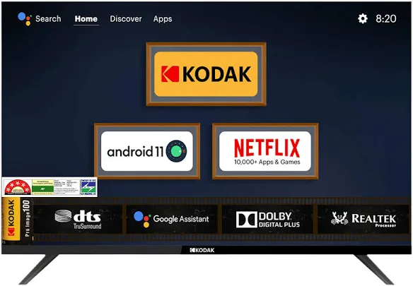 Kodak 9xpro 100 Cm 40 Inch Full HD Smart Android TV The KODAK 9XPRO is a 100 cm (40 inch) Full HD LED Smart Android TV featuring a sleek black design. It operates on Android 11, providing access to over 10,000 apps and games, including Netflix. The TV supports Dolby Digital Plus and DTS TruSurround for enhanced audio quality. It includes Google Assistant for voice control and features a Realtek processor for smooth performance. The TV is designed for an immersive viewing experience with a high refresh rate and multiple HDMI and USB ports for connectivity.